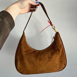 STAUD Cognac Suede Shoulder Bag with Gold Hardware